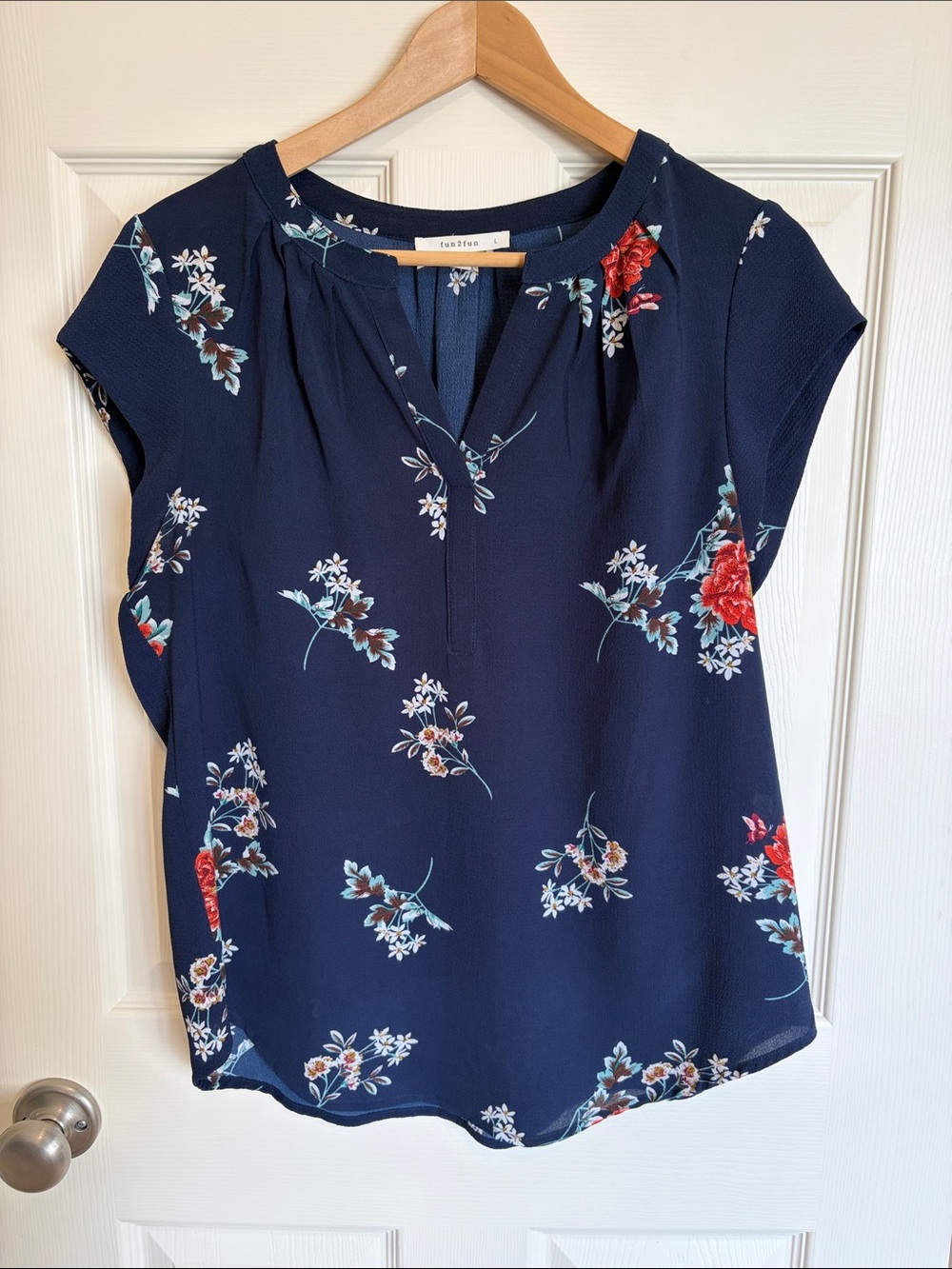 Navy Floral Cap-Sleeve V-Neck Blouse